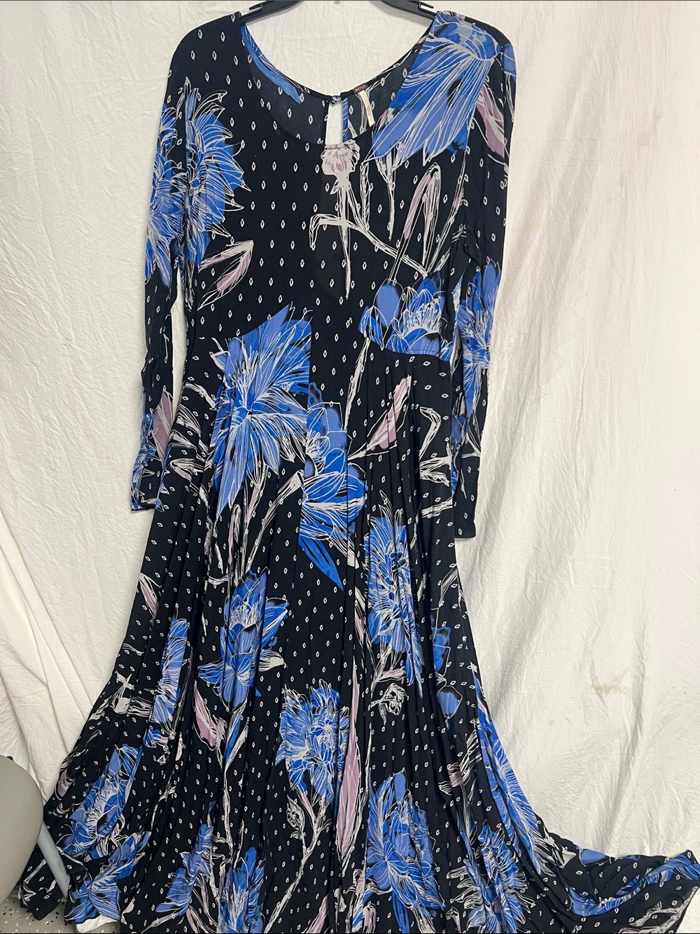 Black Floral Long-Sleeve Maxi Dress with Blue Accents
